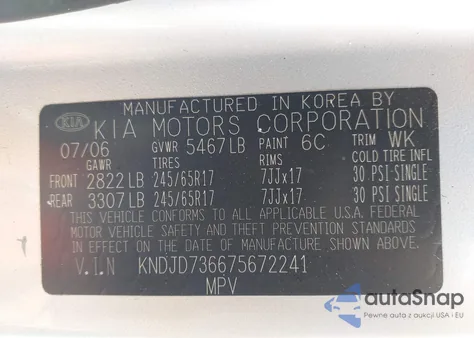 2007 Kia Sorento Lx z USA, uszkodzony, nr VIN KNDJD736675672241